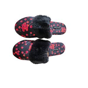 Victoria's Secret Plush Cherry Print Slippers - Cozy Faux Fur Lined House Shoes